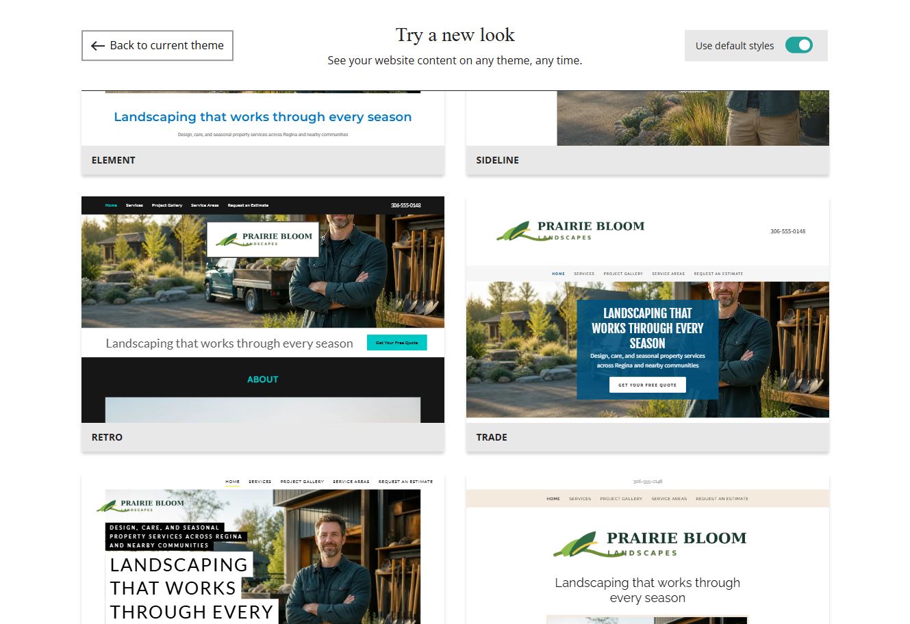 Website Builder default-style theme previews for Prairie Bloom Landscapes, group 7