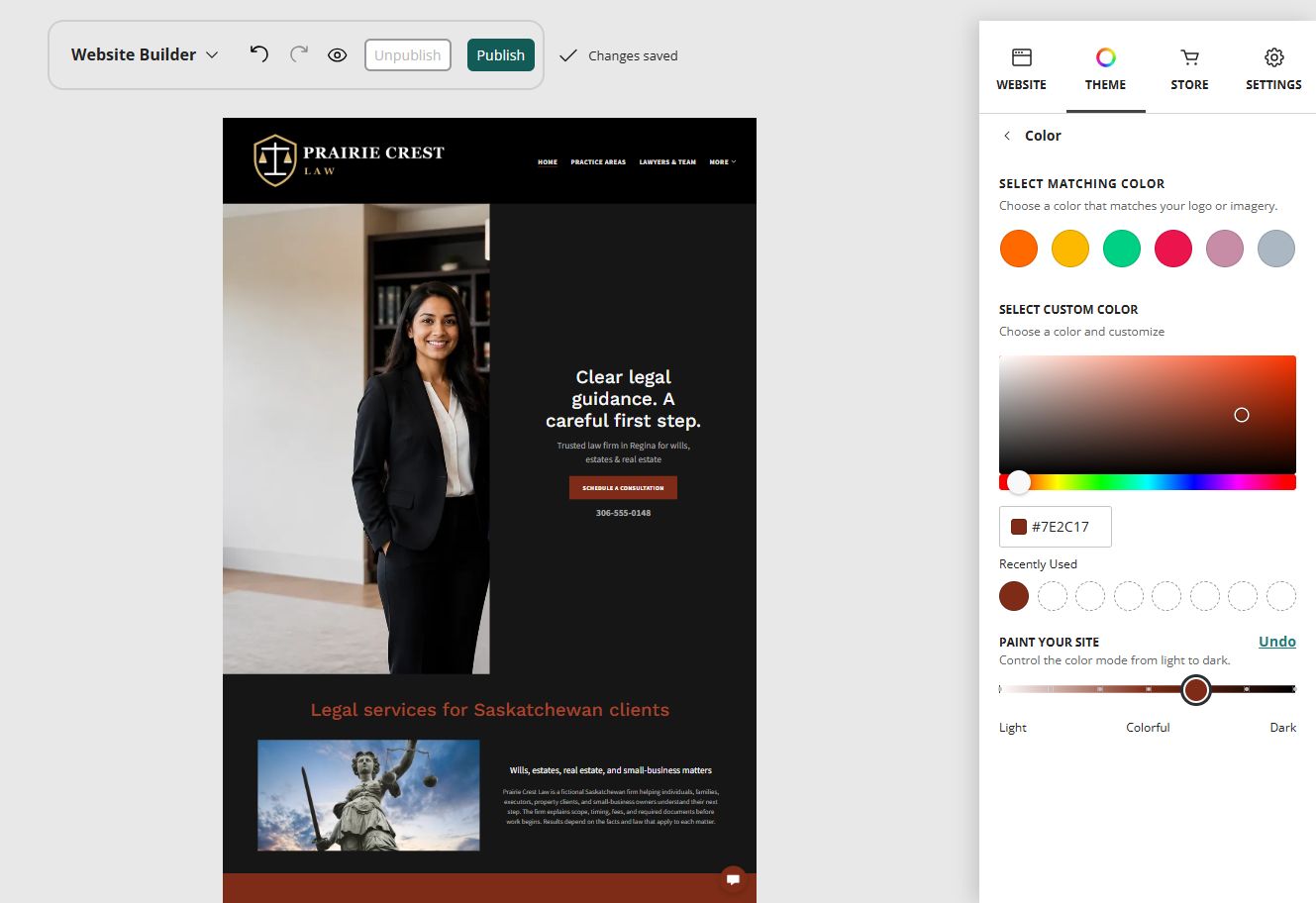 Prairie Crest Law at Website Builder Paint slider position 5 of 7, colourful with a dark base