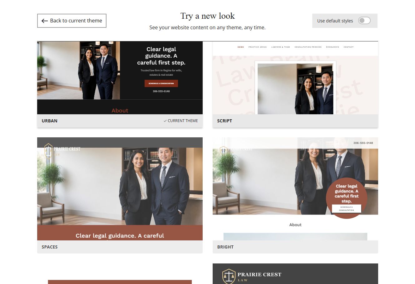 Website Builder chosen-colour theme previews for Prairie Crest Law, group 3