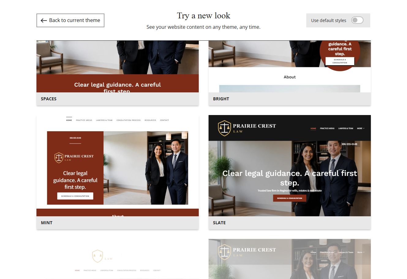 Website Builder chosen-colour theme previews for Prairie Crest Law, group 4