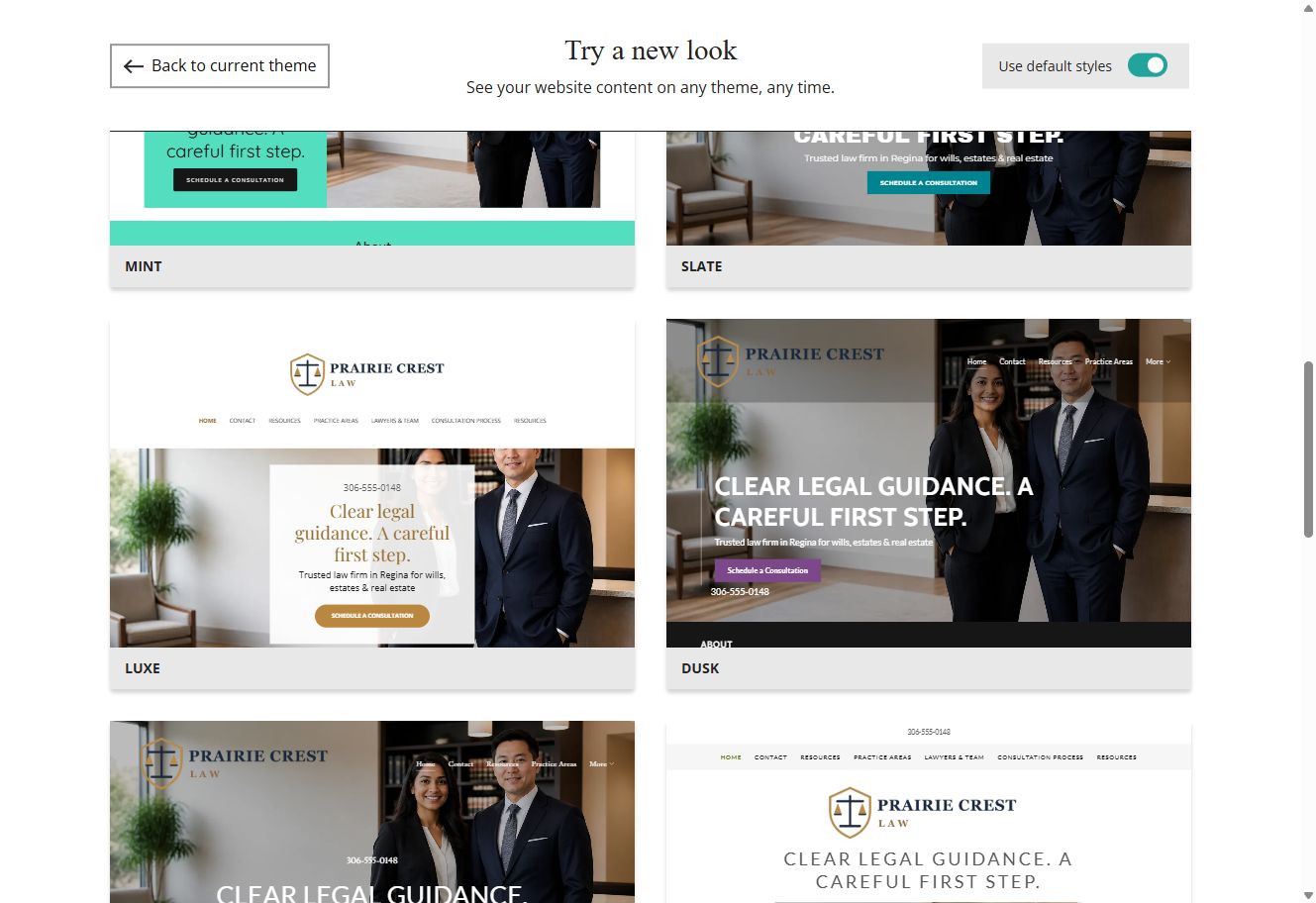 Website Builder default-style theme previews for Prairie Crest Law, group 5