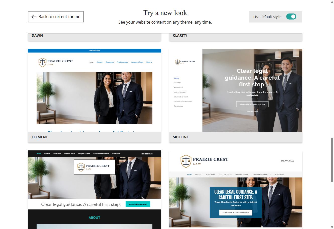 Website Builder default-style theme previews for Prairie Crest Law, group 7