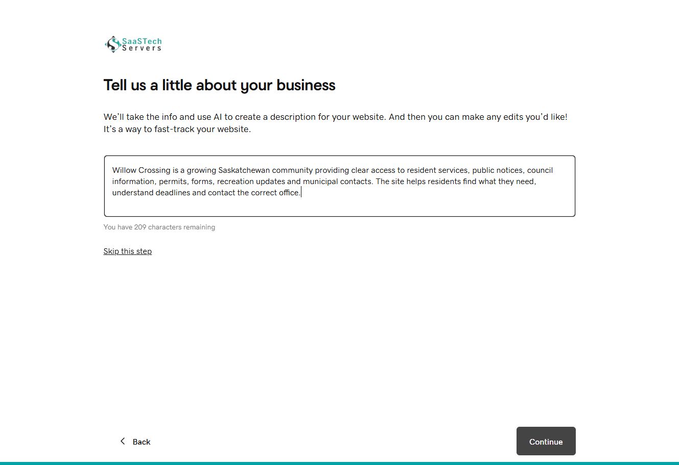 Website Builder setup with the Willow Crossing municipal description completed