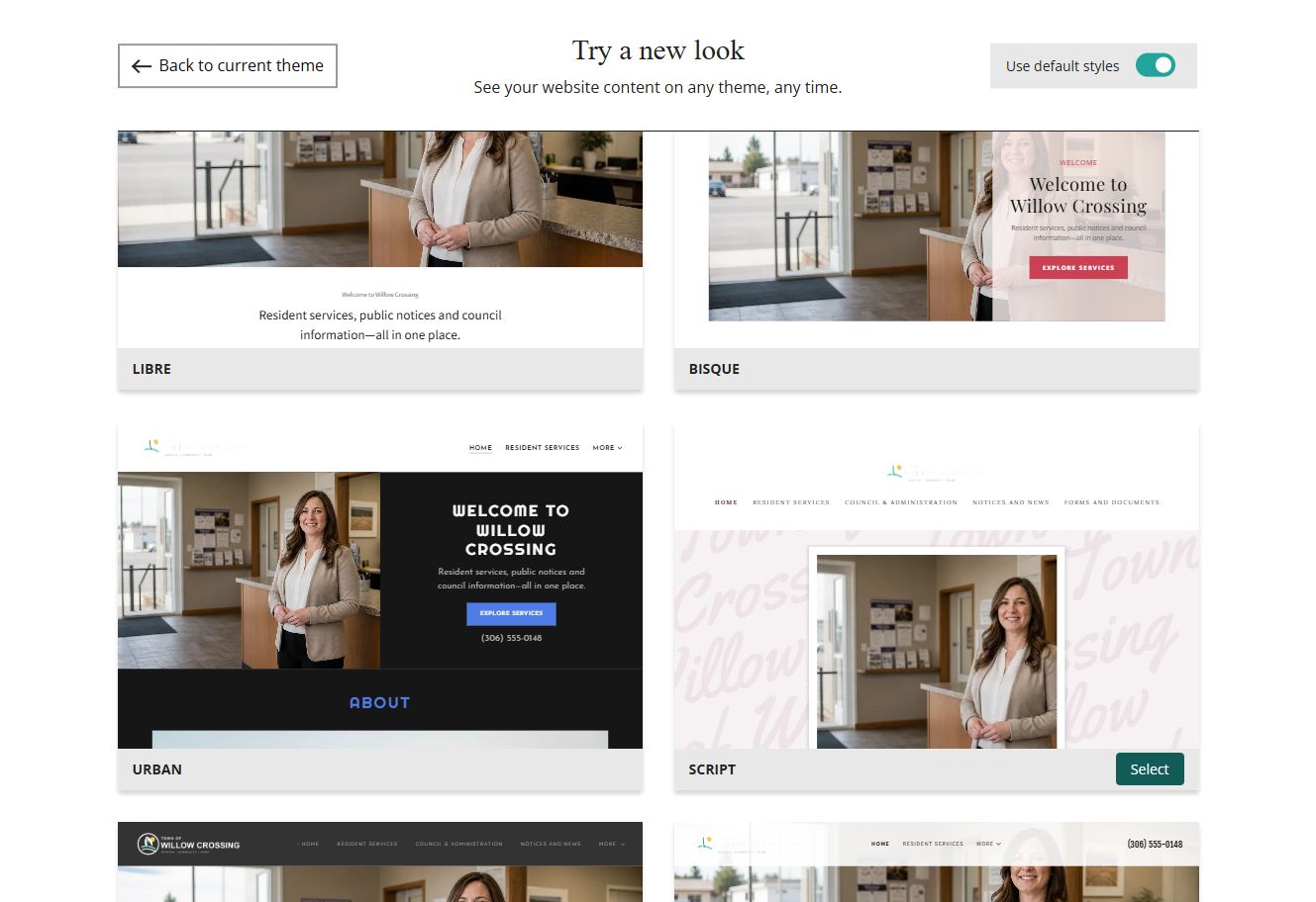 Website Builder theme previews for Town of Willow Crossing using default styles, group 2