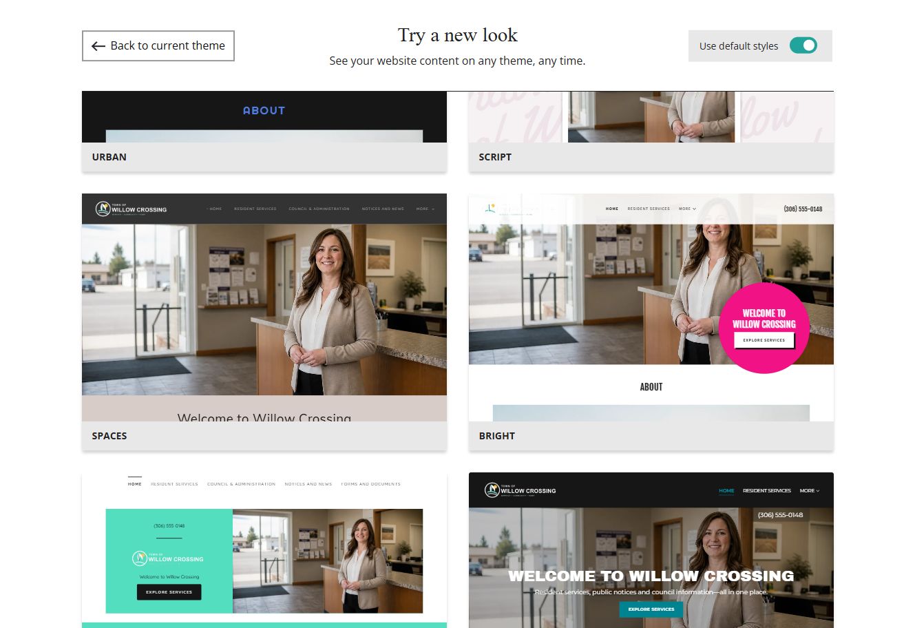 Website Builder theme previews for Town of Willow Crossing using default styles, group 3