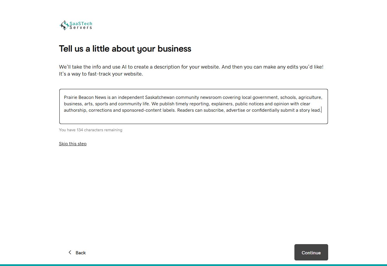Website Builder setup with the Prairie Beacon News business description completed