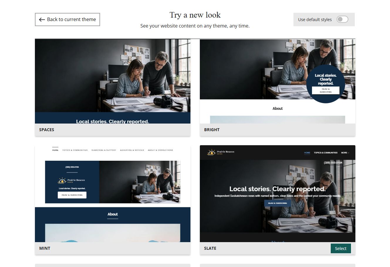 Website Builder theme previews for Prairie Beacon News using its chosen colours, group 4