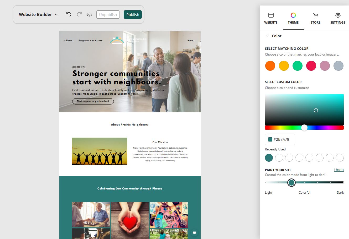 Prairie Neighbours home page in the Website Builder soft colour paint setting