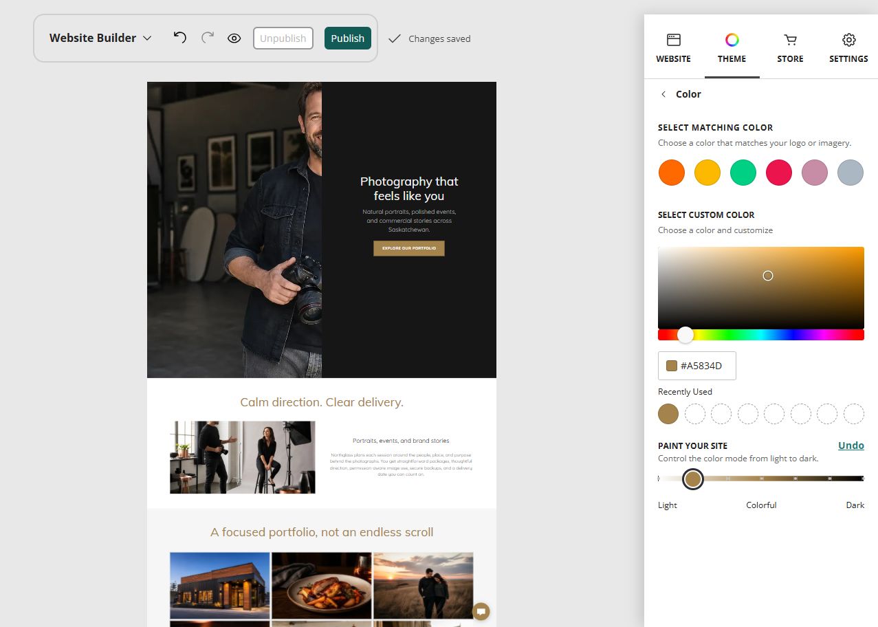 Northglass Photography home page in the Website Builder light balanced paint setting
