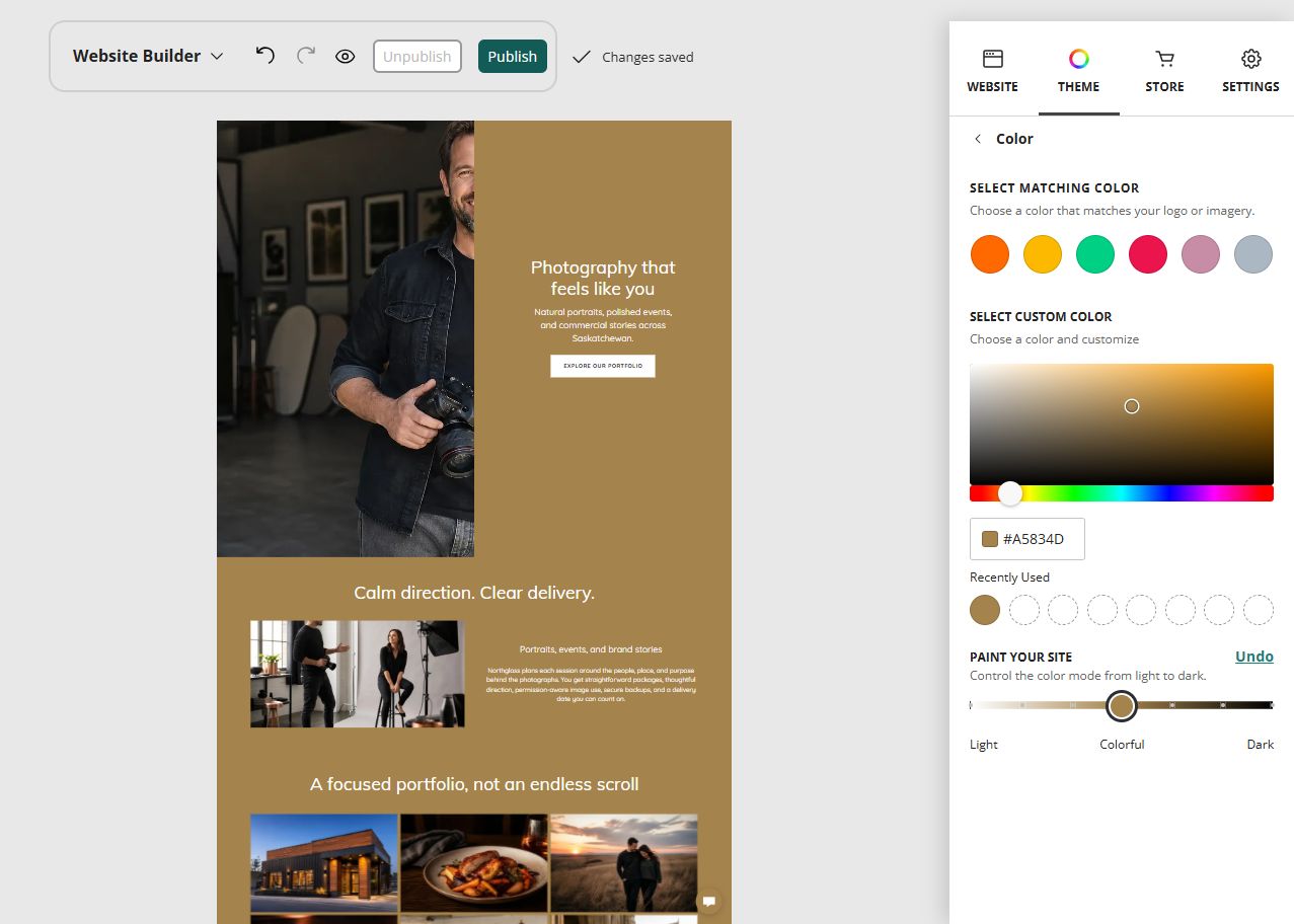 Northglass Photography home page in the Website Builder colourful paint setting