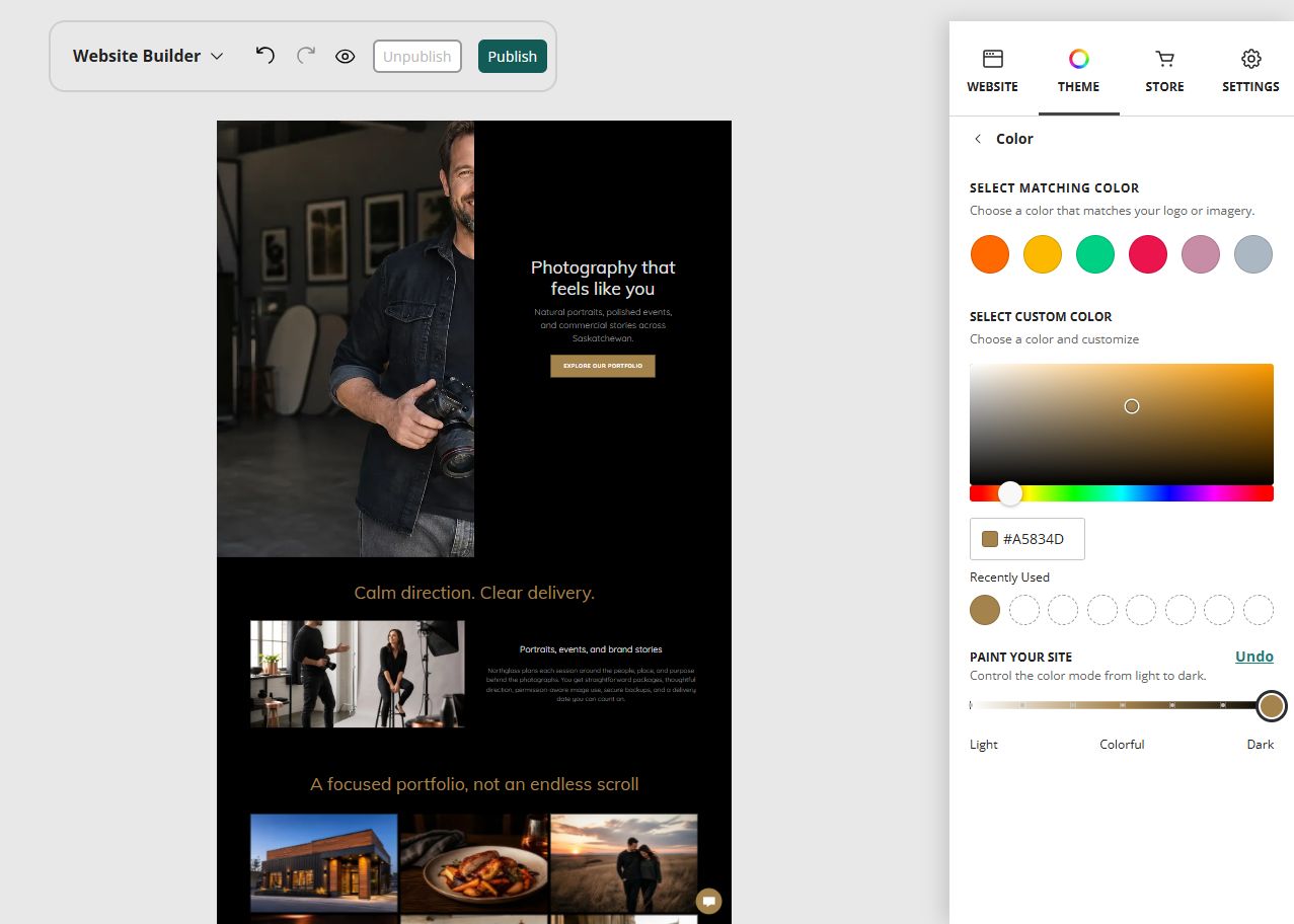 Northglass Photography home page in the Website Builder dark paint setting
