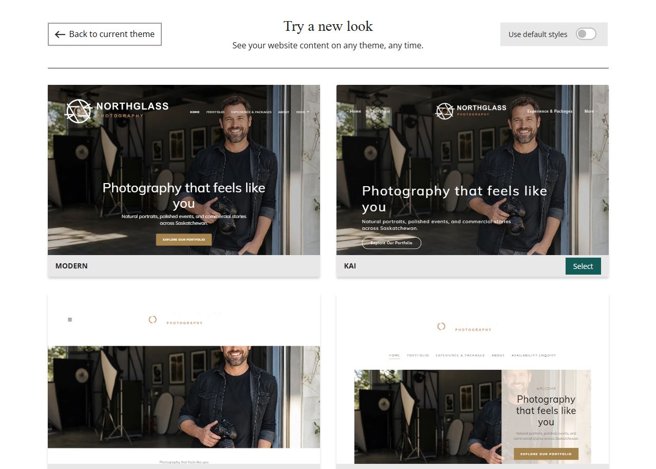 Website Builder theme previews for Northglass Photography using its chosen colours, group 1