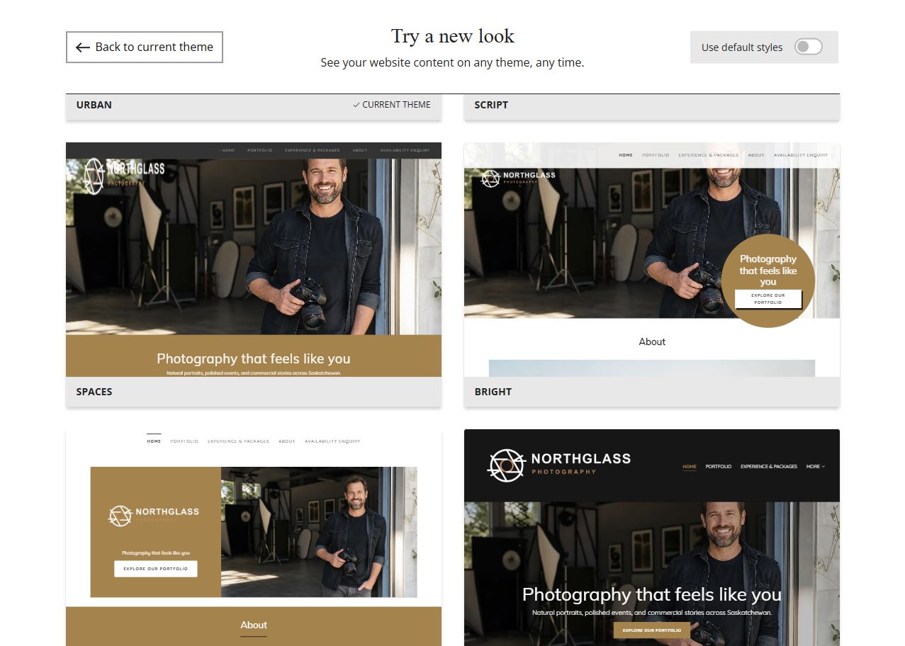 Website Builder theme previews for Northglass Photography using its chosen colours, group 3