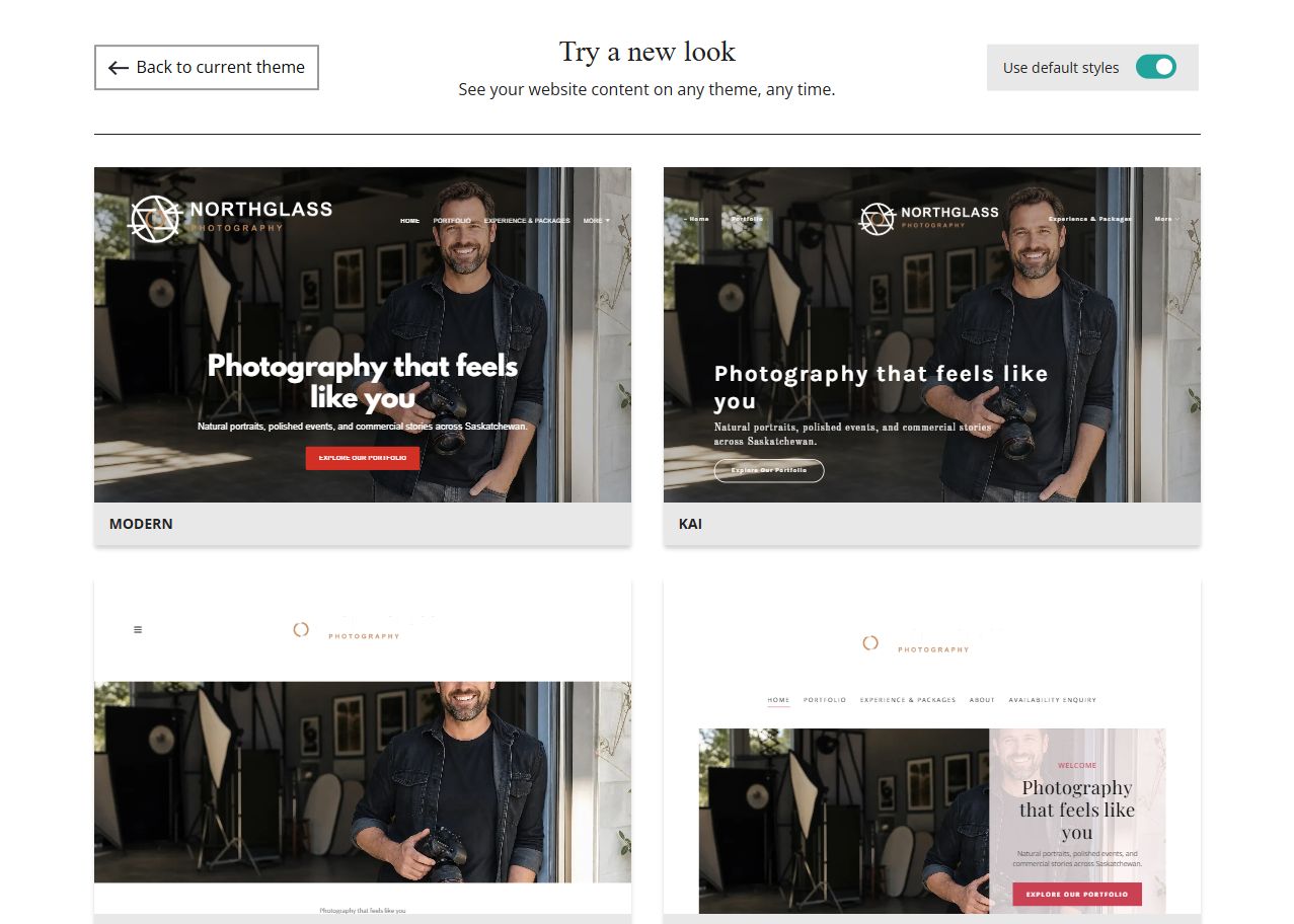 Website Builder theme previews for Northglass Photography using default styles, group 1