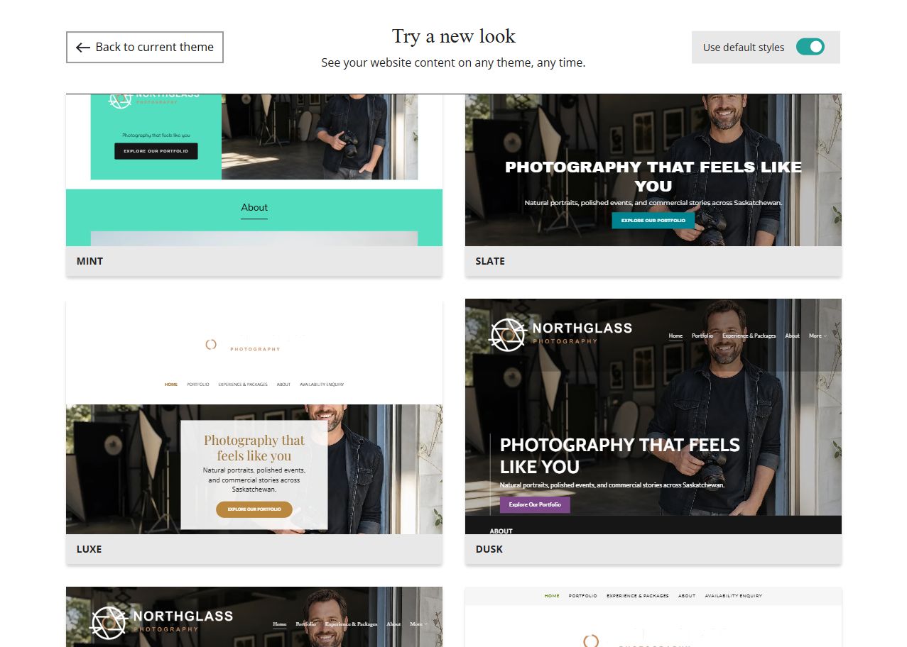 Website Builder theme previews for Northglass Photography using default styles, group 4
