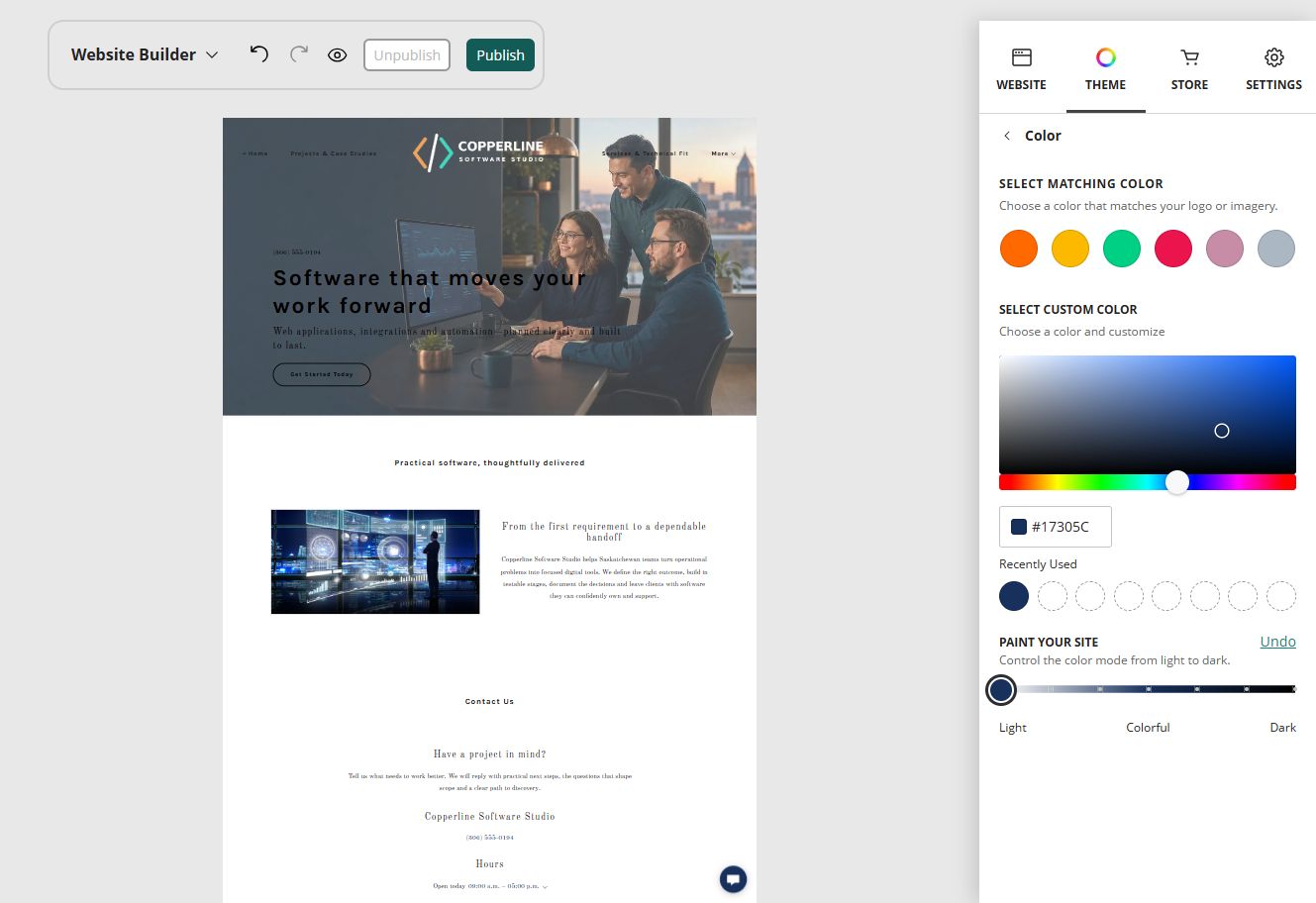 Copperline Software Studio in the Website Builder light paint setting