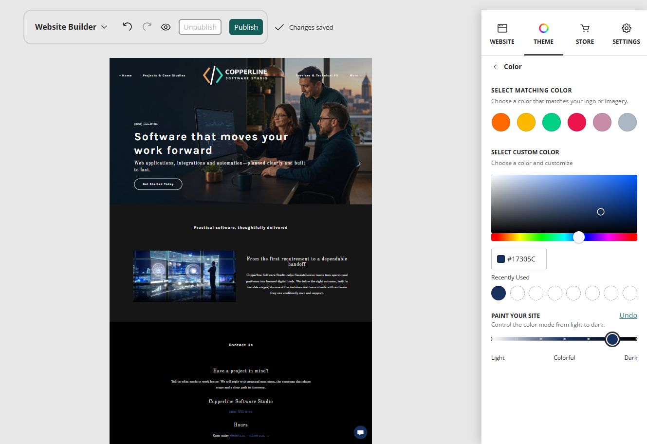 Copperline Software Studio in the Website Builder deep colour paint setting