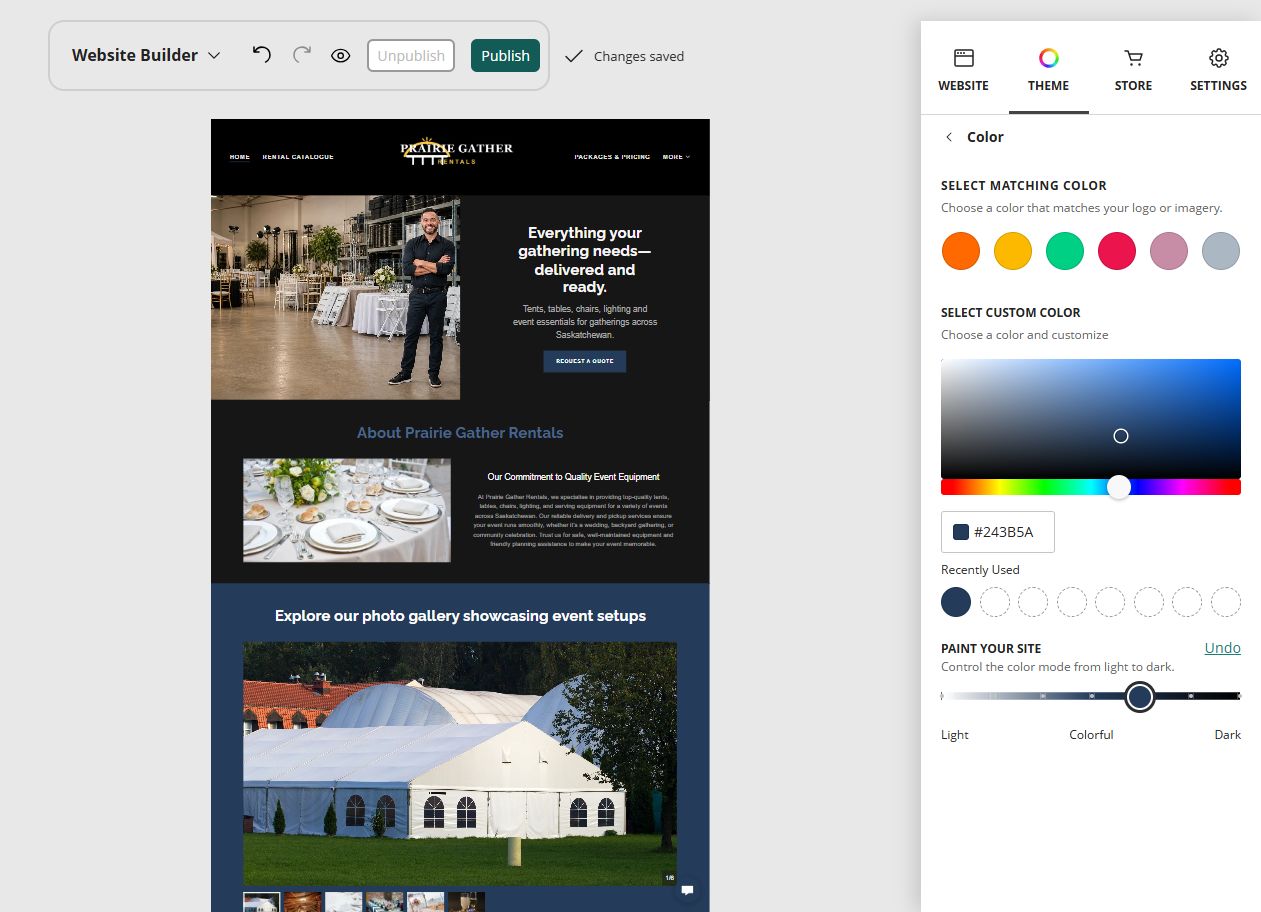 Prairie Gather Rentals at Website Builder Paint slider position 5 of 7, colourful with a dark base