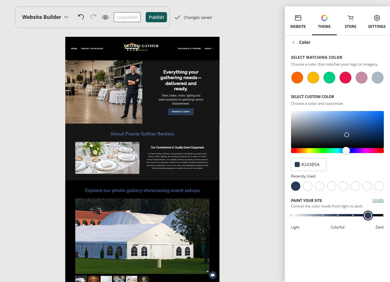 Prairie Gather Rentals at Website Builder Paint slider position 6 of 7, dark toward colourful