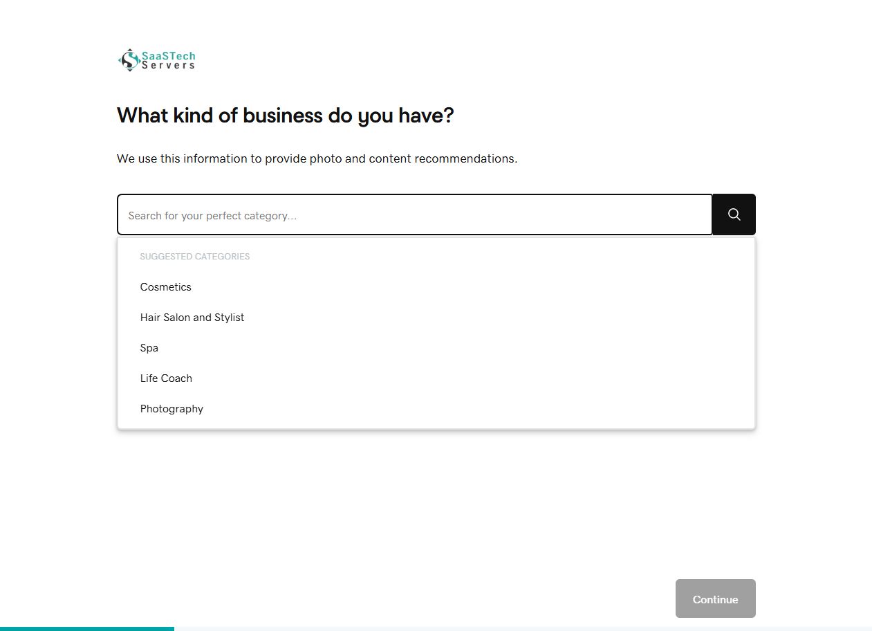 Website Builder setup asking for a business category