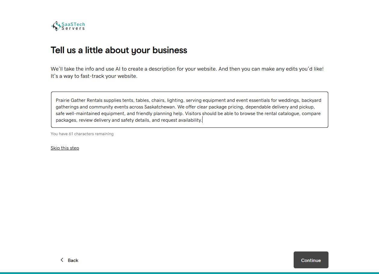 Website Builder with the Prairie Gather Rentals business description