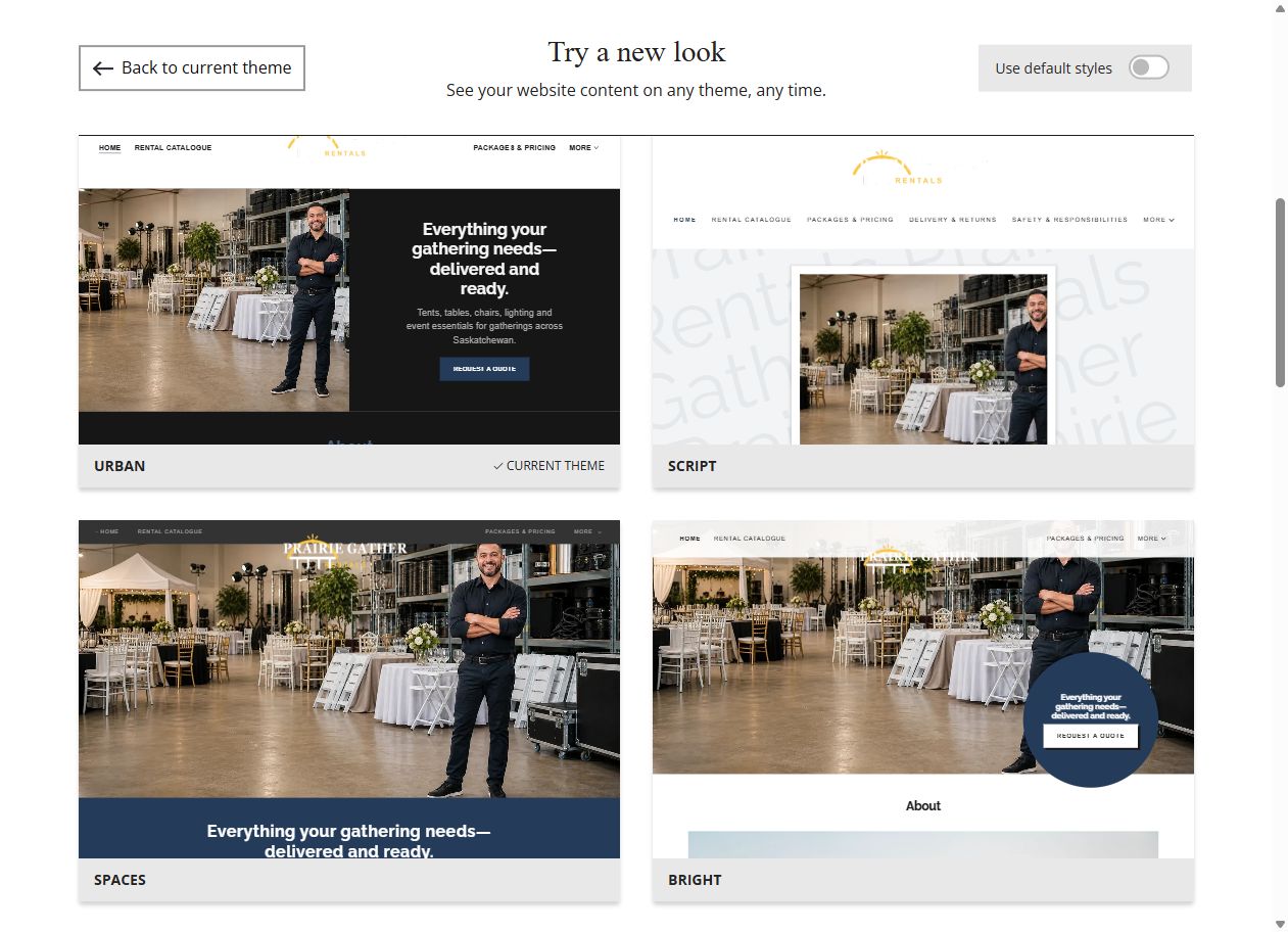 Website Builder theme previews for Prairie Gather Rentals, chosen-colour group 3