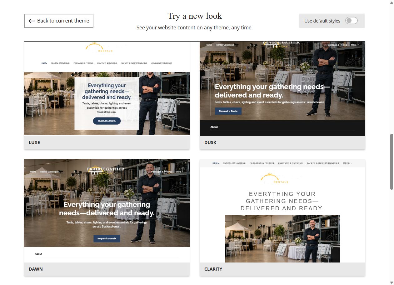 Website Builder theme previews for Prairie Gather Rentals, chosen-colour group 5