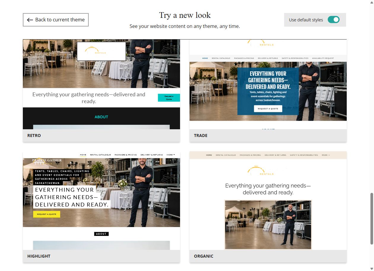 Website Builder default-style theme previews for Prairie Gather Rentals, group 7