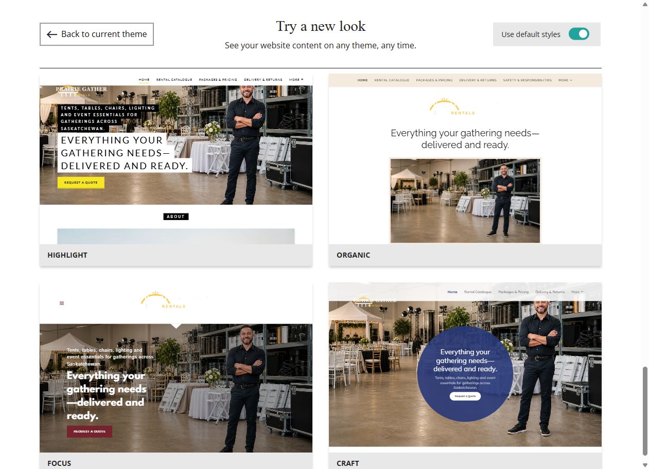 Website Builder default-style theme previews for Prairie Gather Rentals, group 8