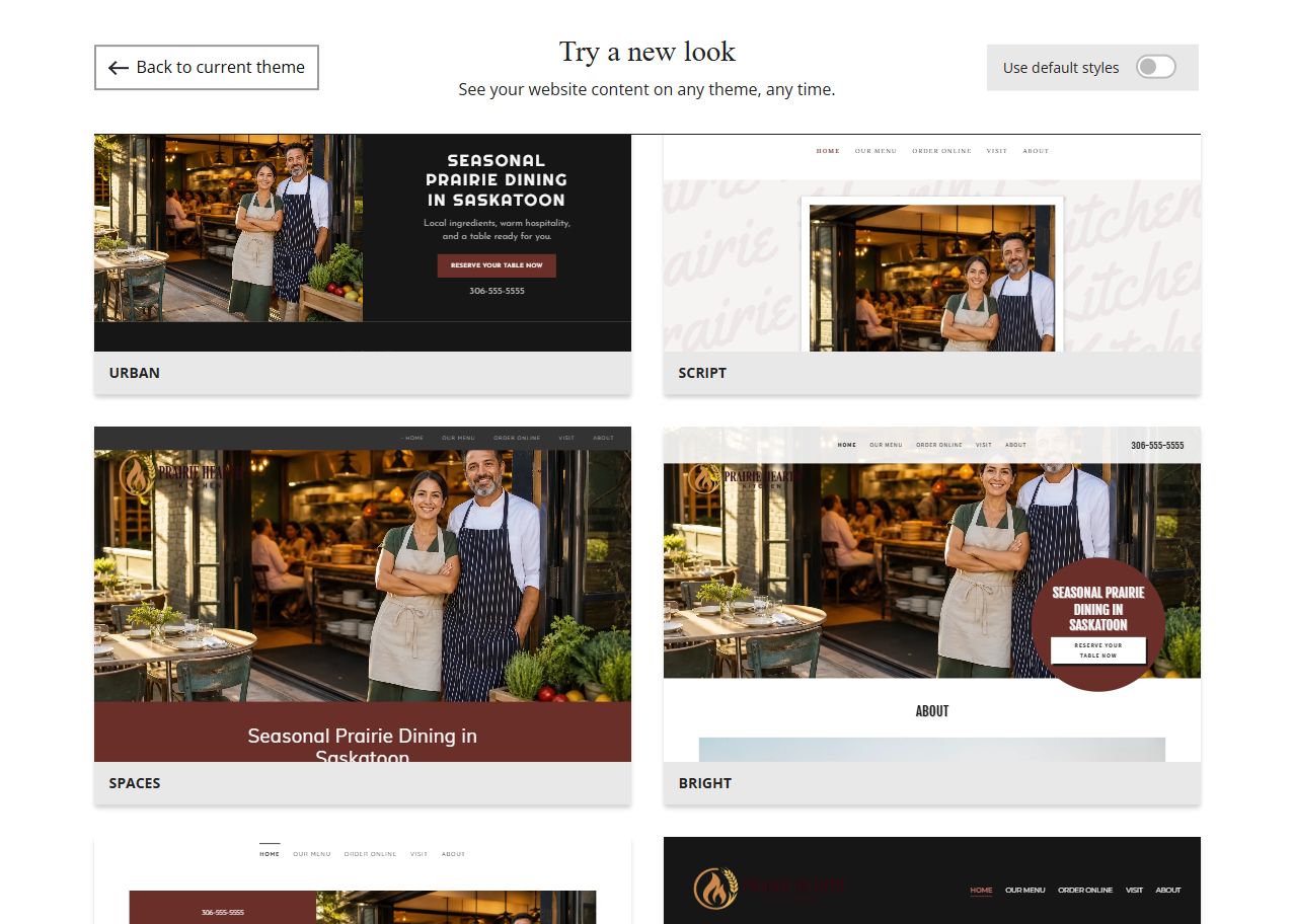 Website Builder theme previews for Prairie Hearth Kitchen using its chosen colours, group 3