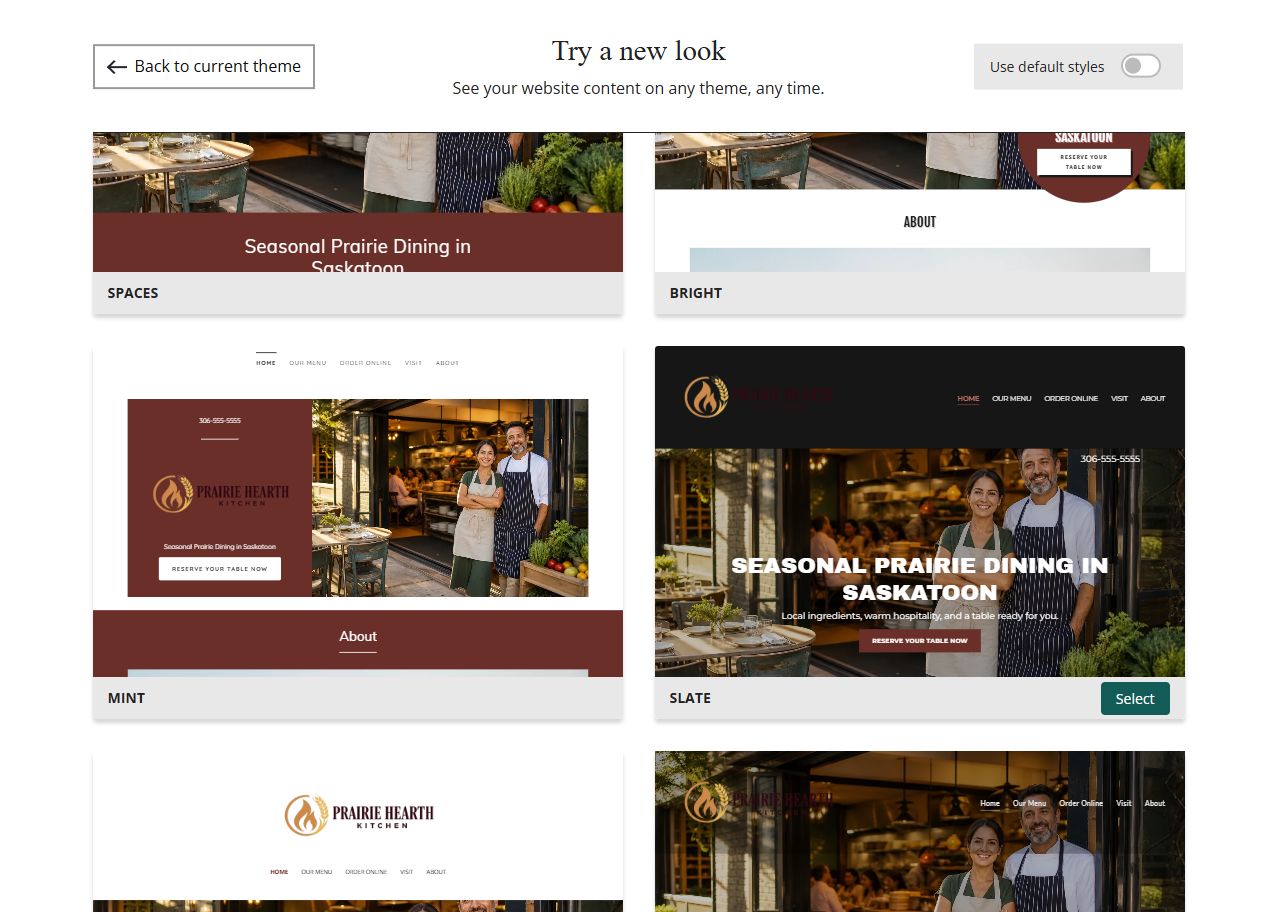 Website Builder theme previews for Prairie Hearth Kitchen using its chosen colours, group 4