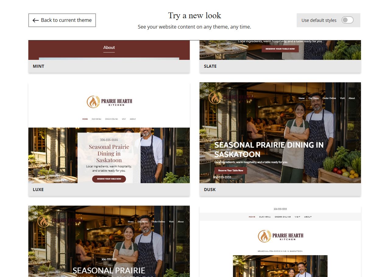 Website Builder theme previews for Prairie Hearth Kitchen using its chosen colours, group 5