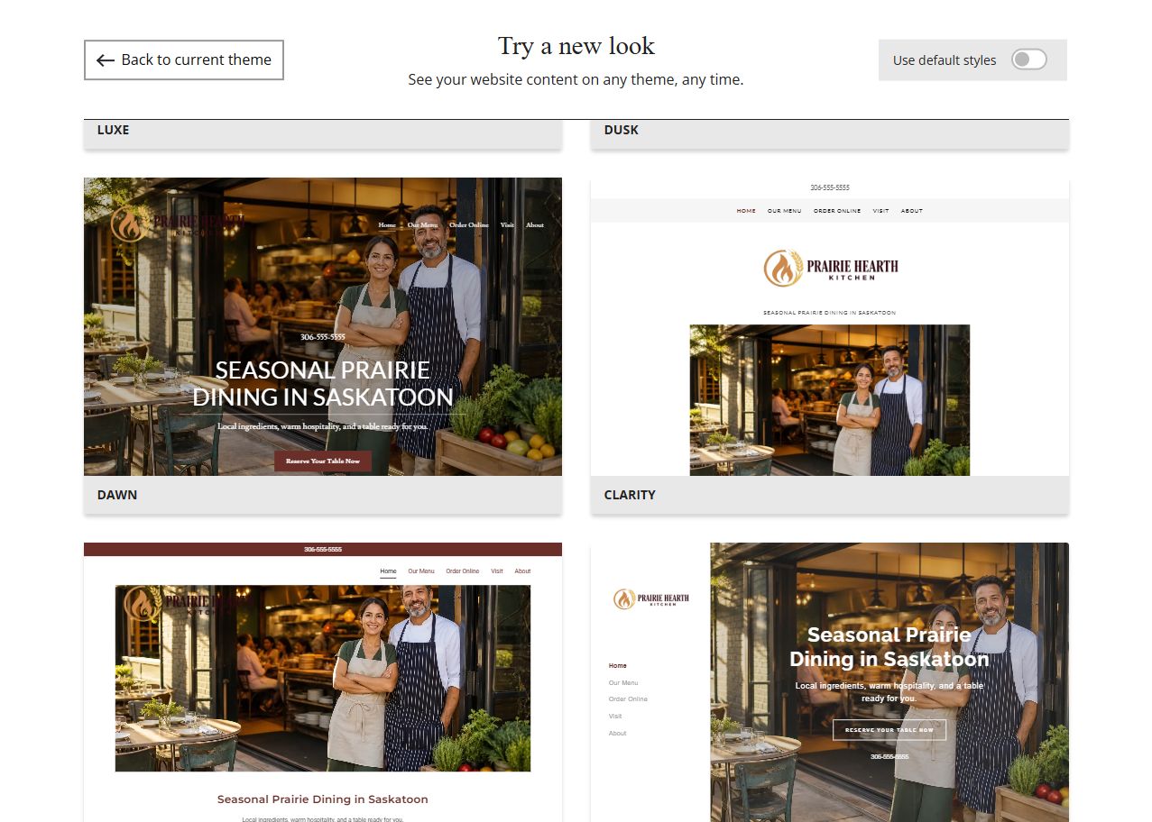 Website Builder theme previews for Prairie Hearth Kitchen using its chosen colours, group 6