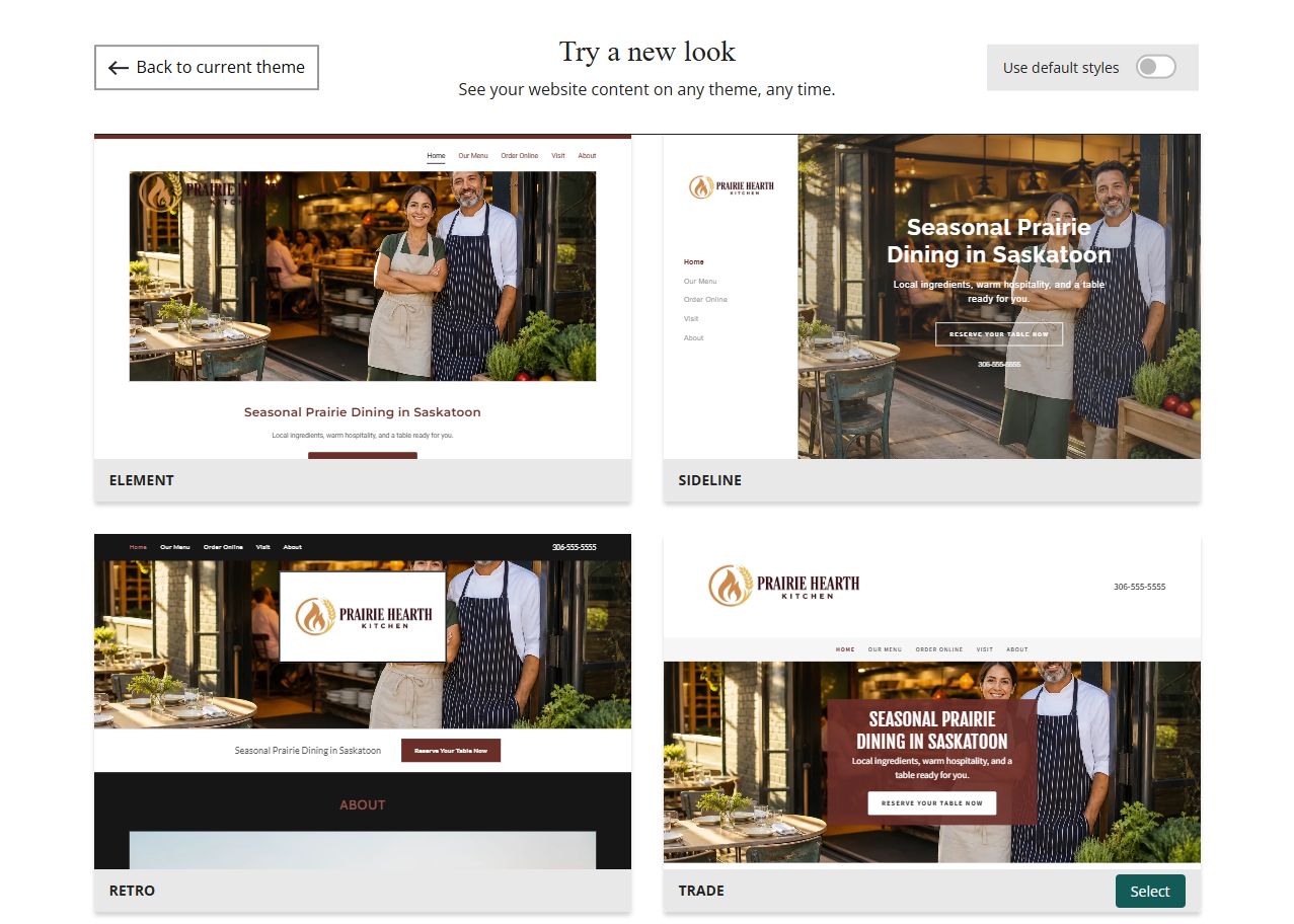 Website Builder theme previews for Prairie Hearth Kitchen using its chosen colours, group 7