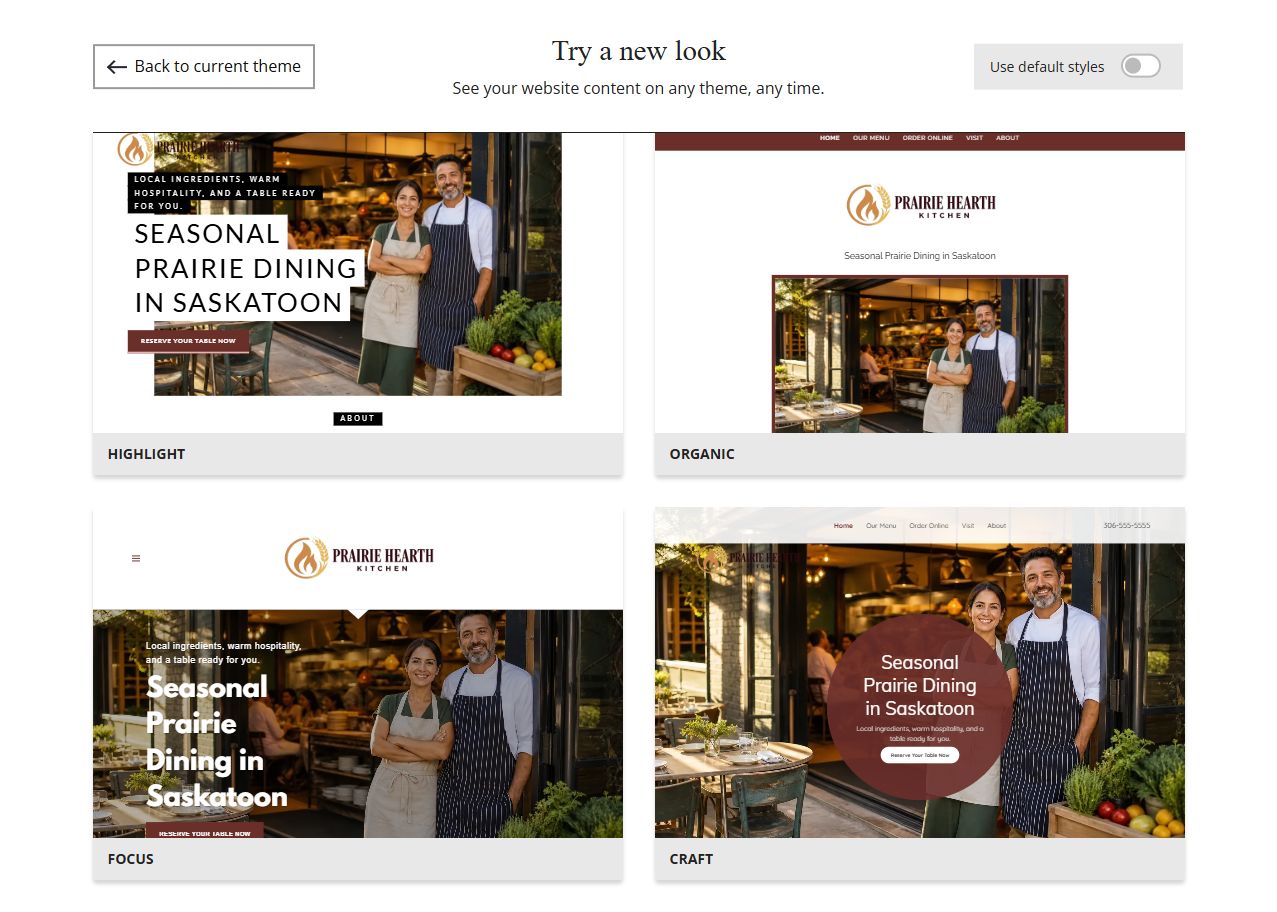 Website Builder theme previews for Prairie Hearth Kitchen using its chosen colours, group 8