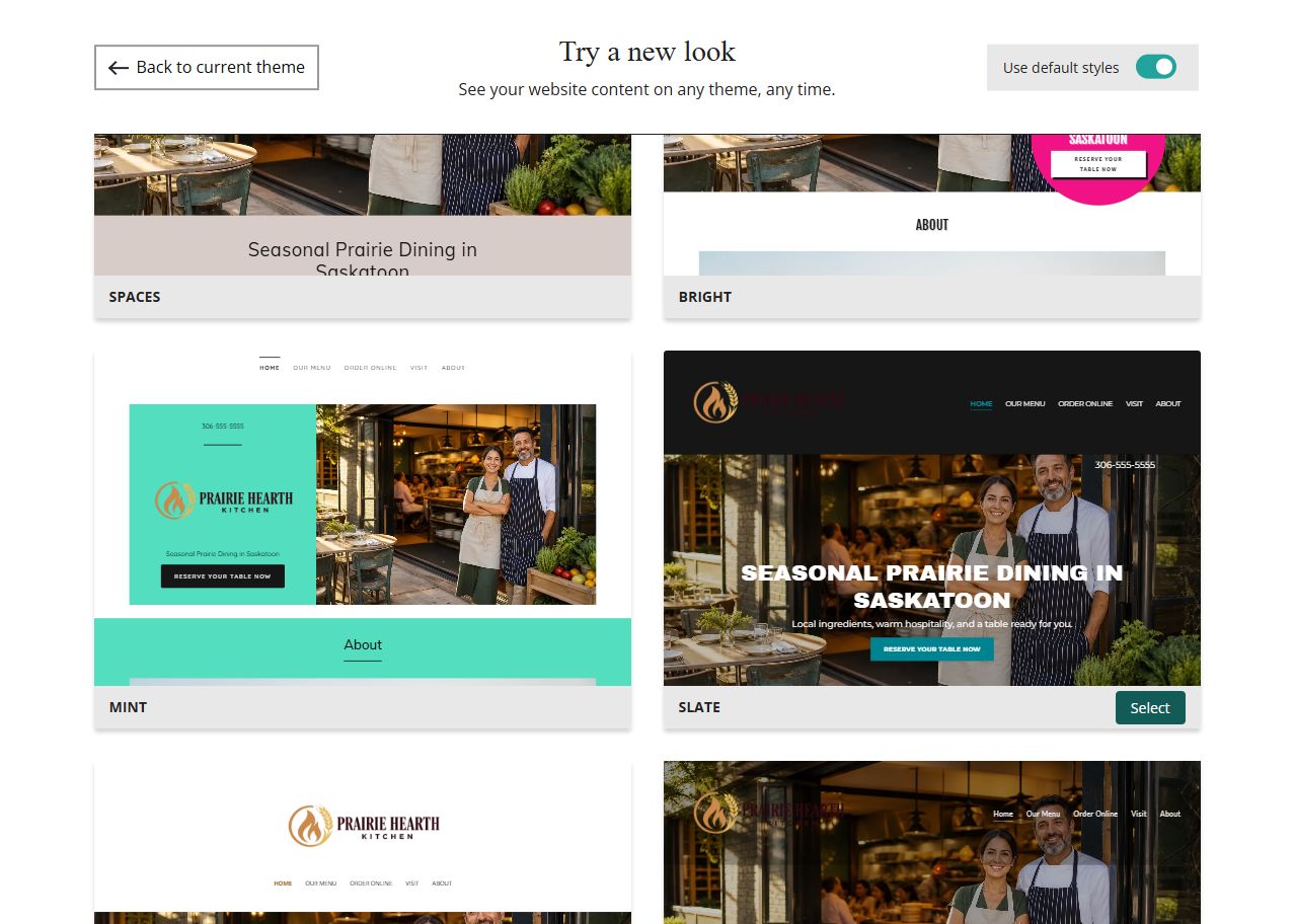 Website Builder theme previews for Prairie Hearth Kitchen using default styles, group 4
