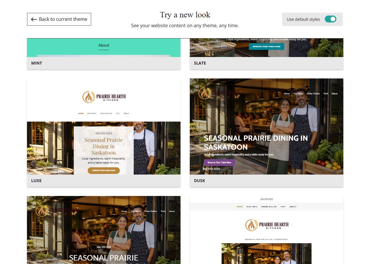 Website Builder theme previews for Prairie Hearth Kitchen using default styles, group 5