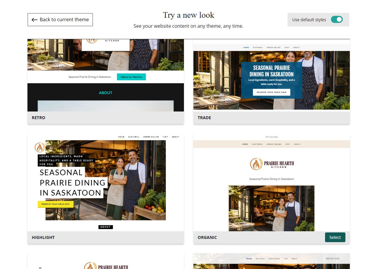 Website Builder theme previews for Prairie Hearth Kitchen using default styles, group 8