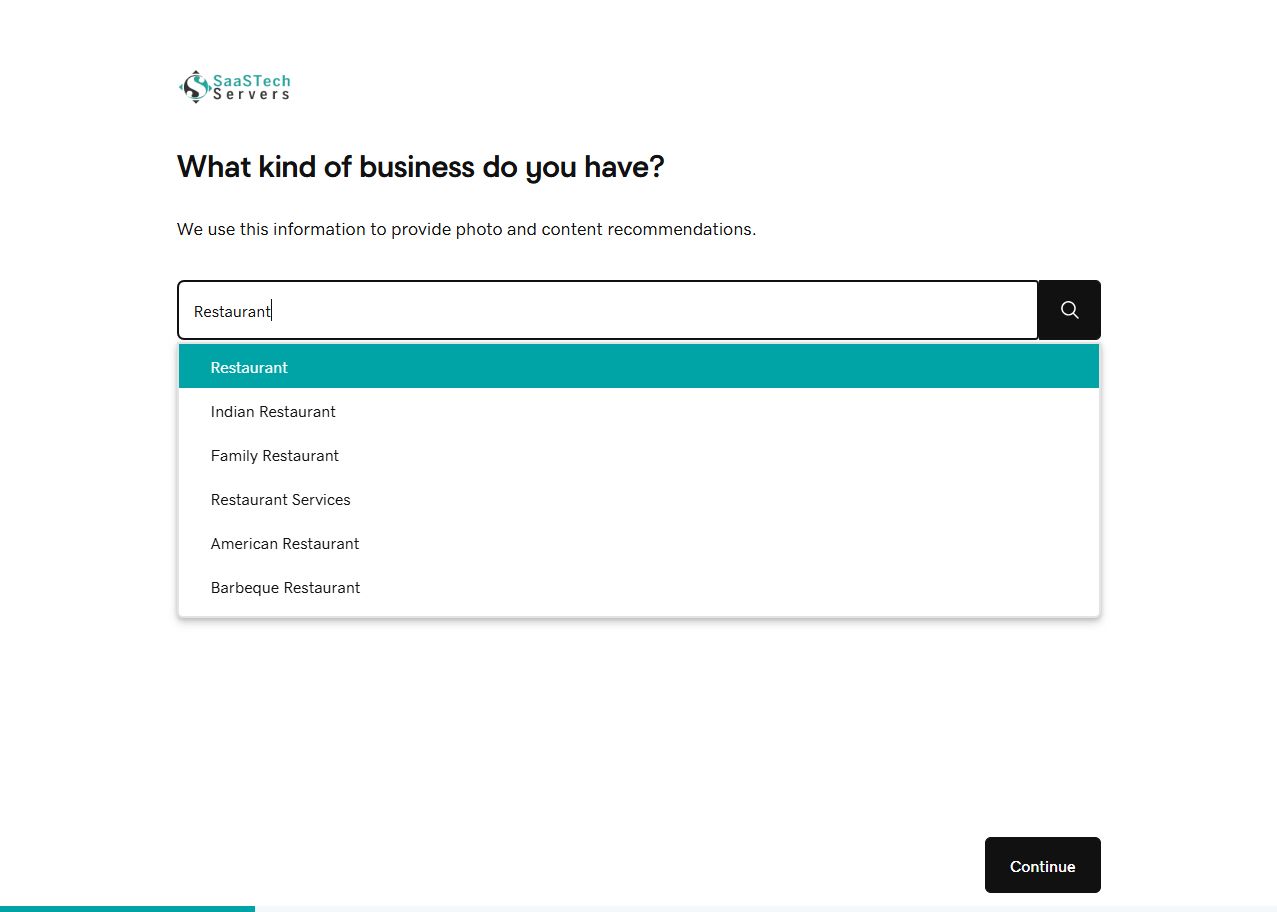 Website Builder setup showing Restaurant business-type suggestions