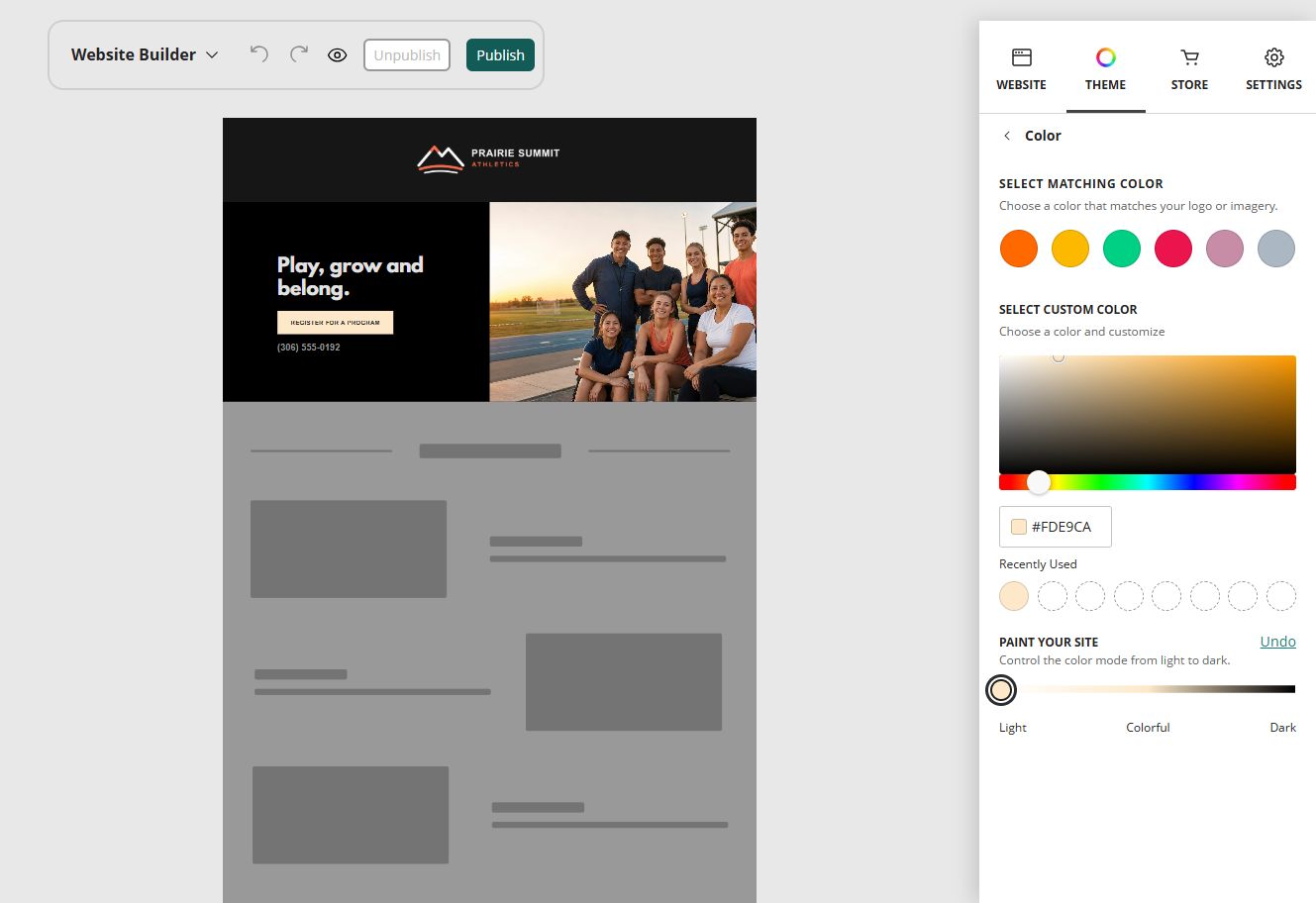 Website Builder custom colour controls for Prairie Summit Athletics