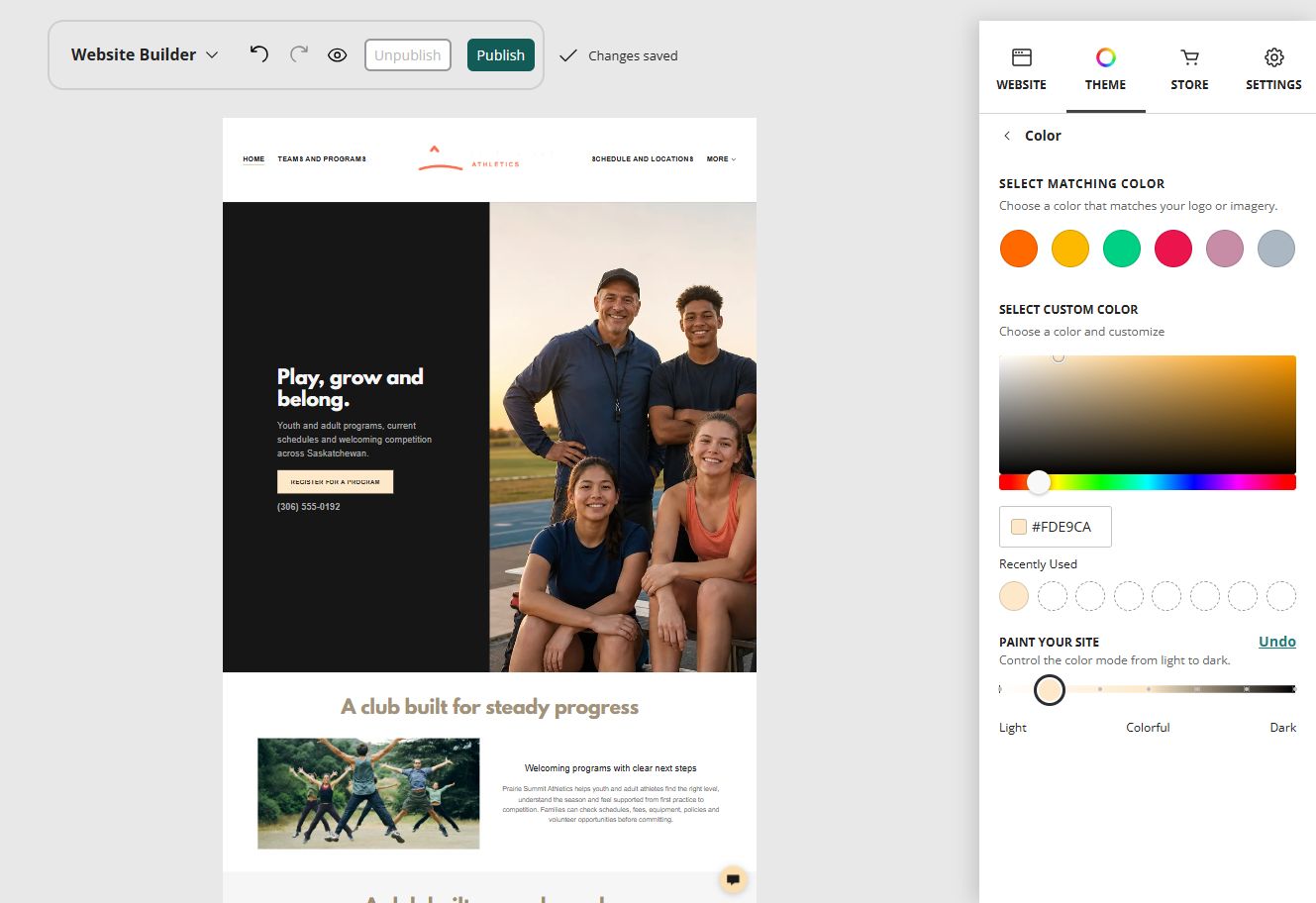 Prairie Summit Athletics home page in the Website Builder light balanced paint setting