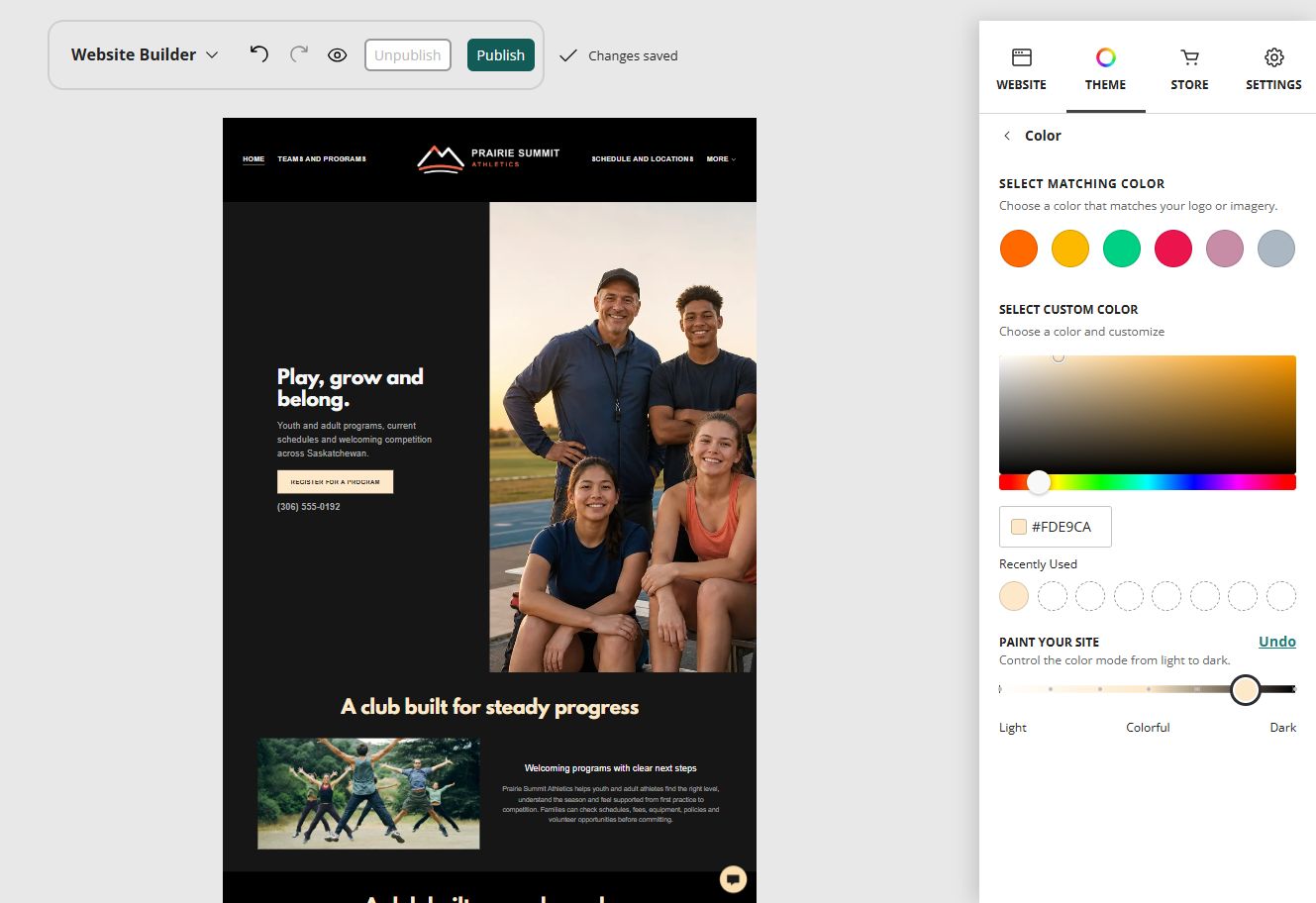 Prairie Summit Athletics home page in the Website Builder deep colour paint setting