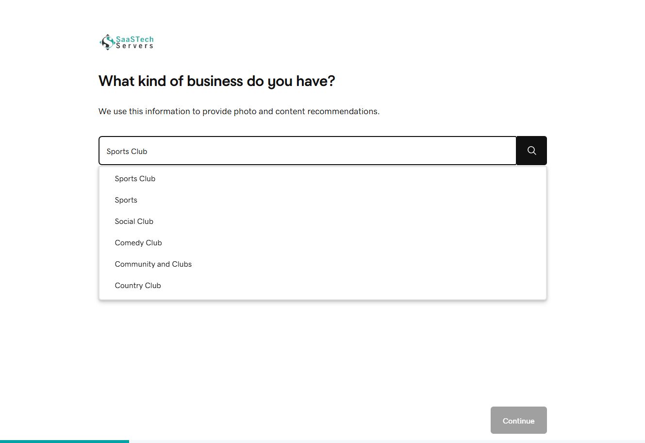 Website Builder setup showing Sports Club suggestions