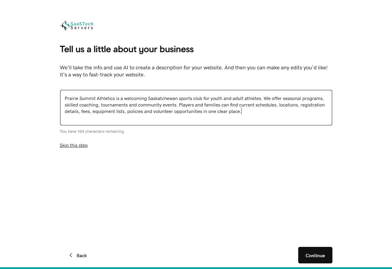 Website Builder setup with the Prairie Summit Athletics business description