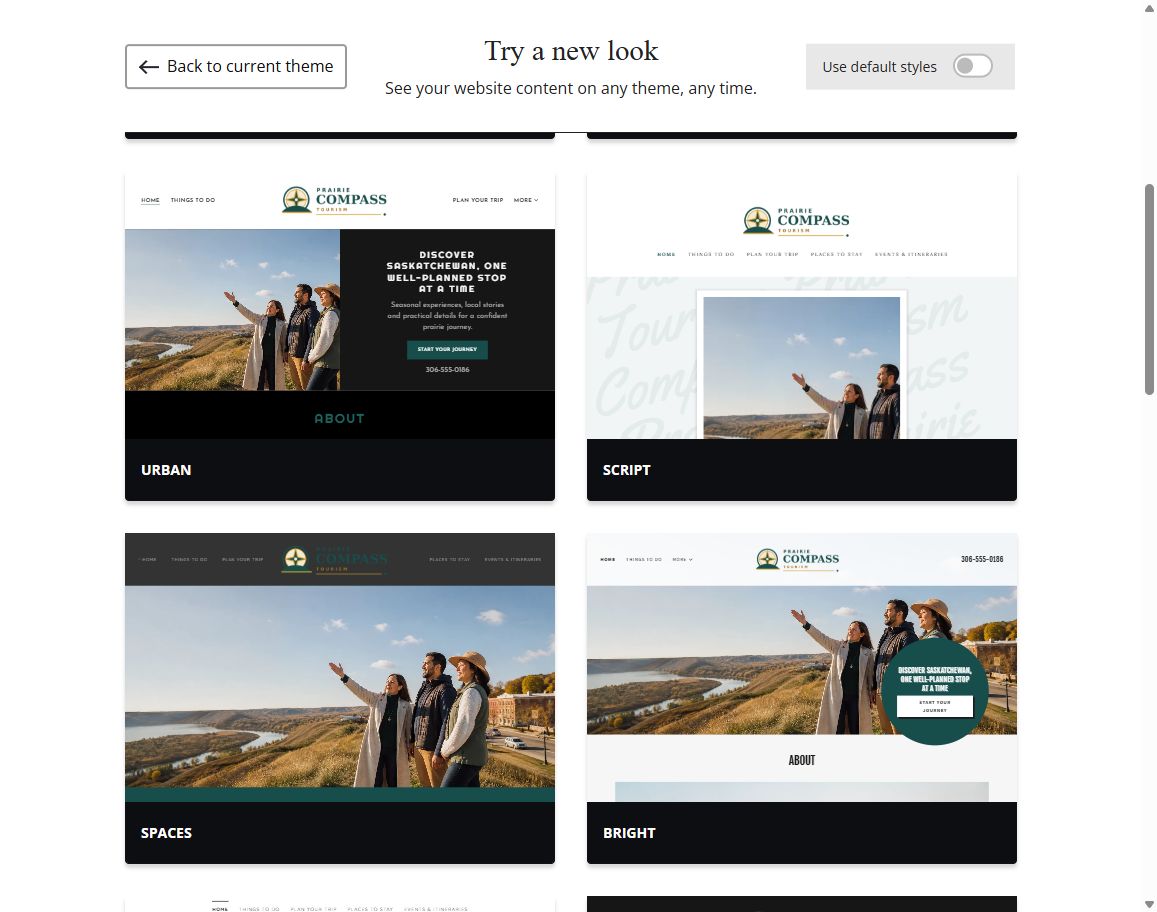 Website Builder selected-colour theme previews for Prairie Compass Tourism, group 2