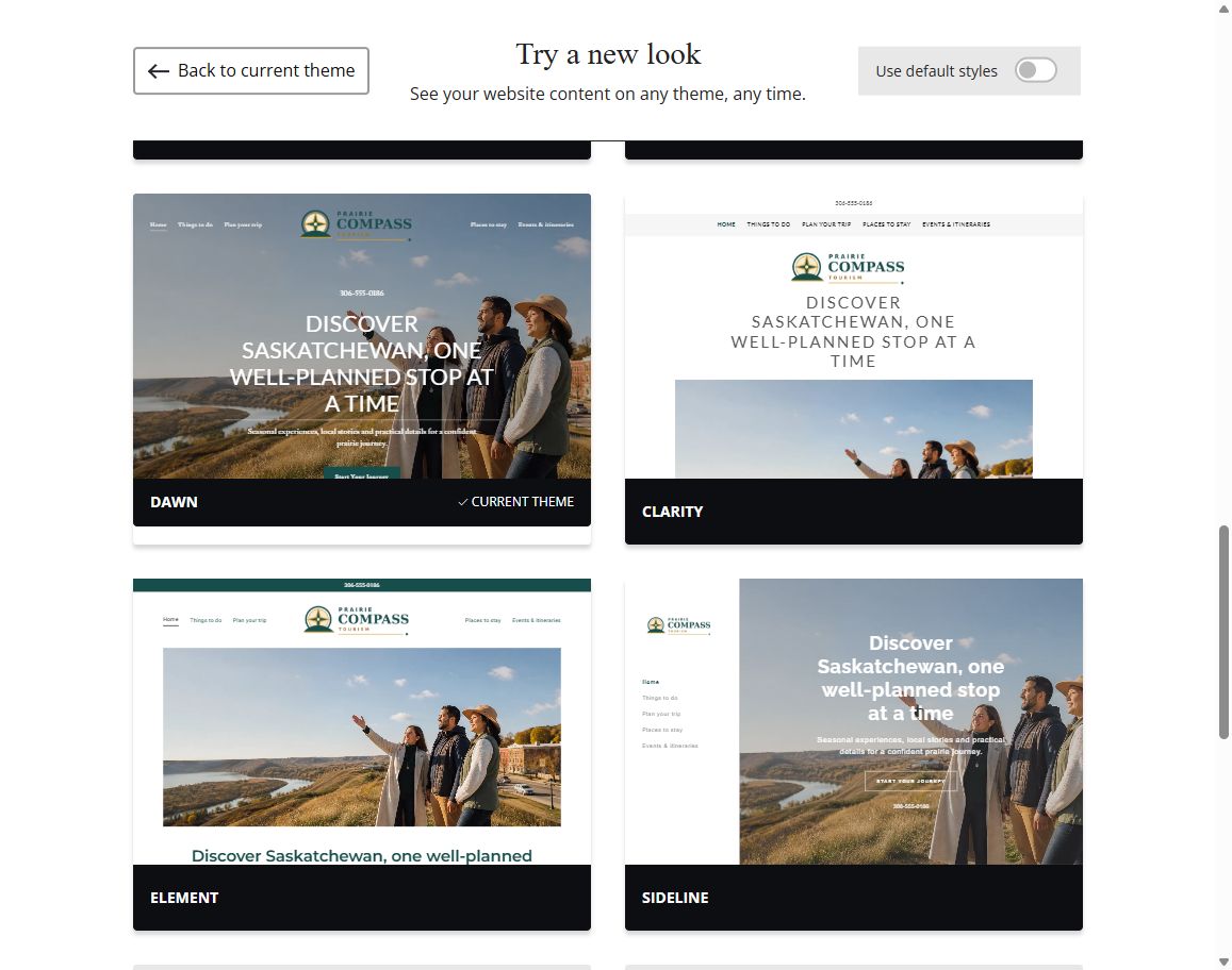 Website Builder selected-colour theme previews for Prairie Compass Tourism, group 4