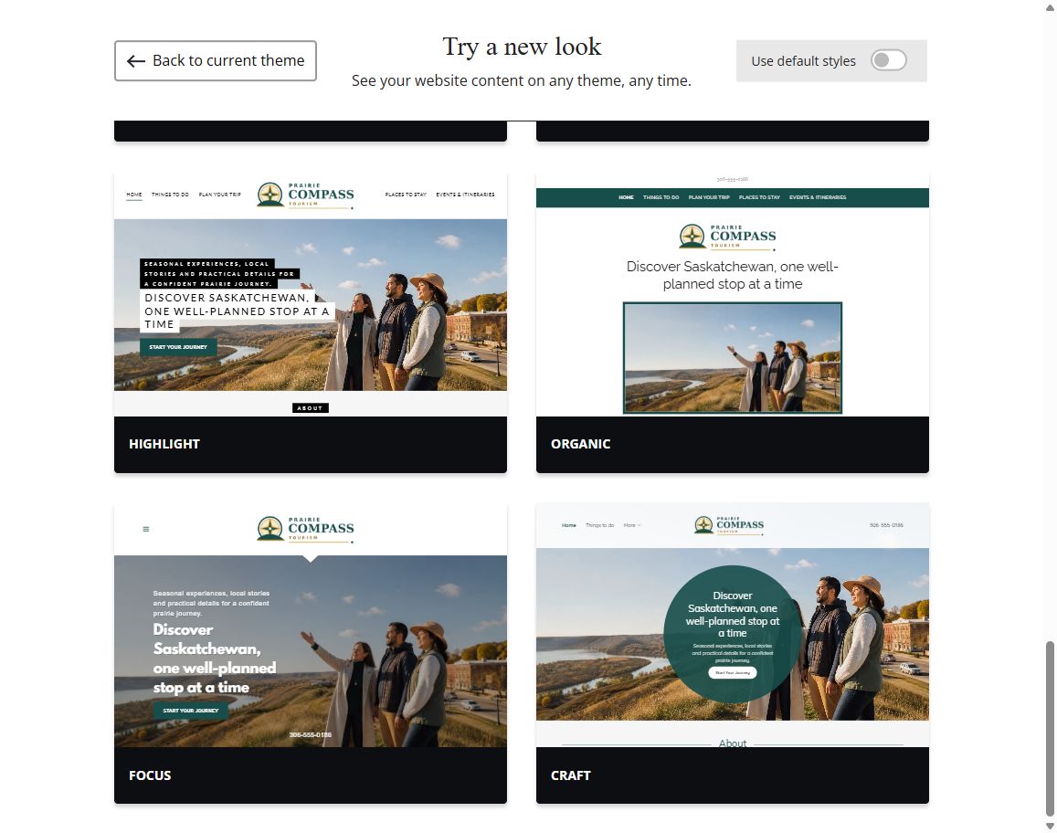 Website Builder selected-colour theme previews for Prairie Compass Tourism, group 6