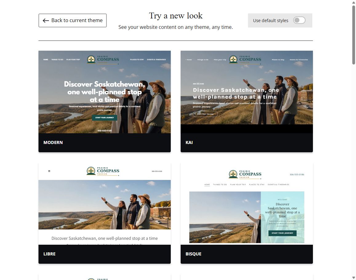 Website Builder default-style theme previews for Prairie Compass Tourism, group 1