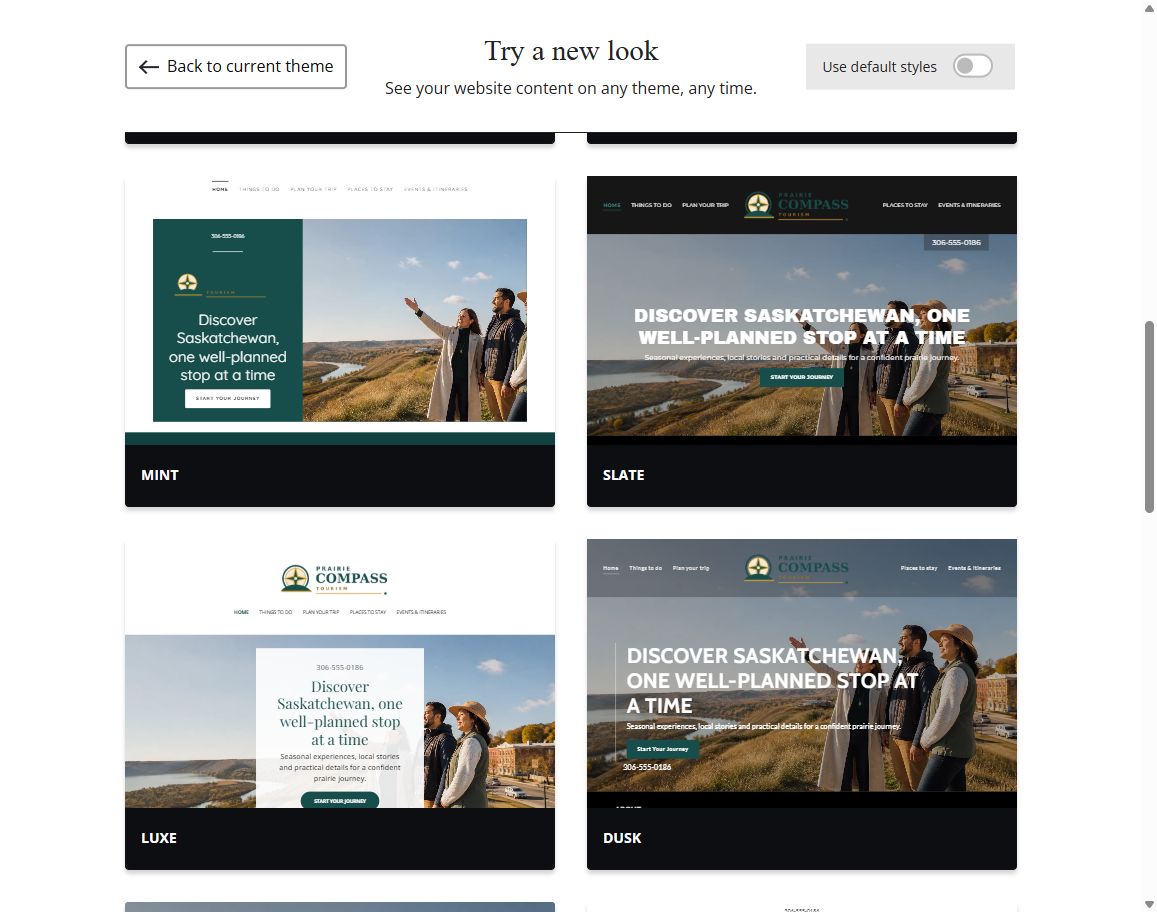 Website Builder default-style theme previews for Prairie Compass Tourism, group 3