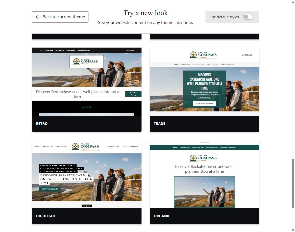 Website Builder default-style theme previews for Prairie Compass Tourism, group 5